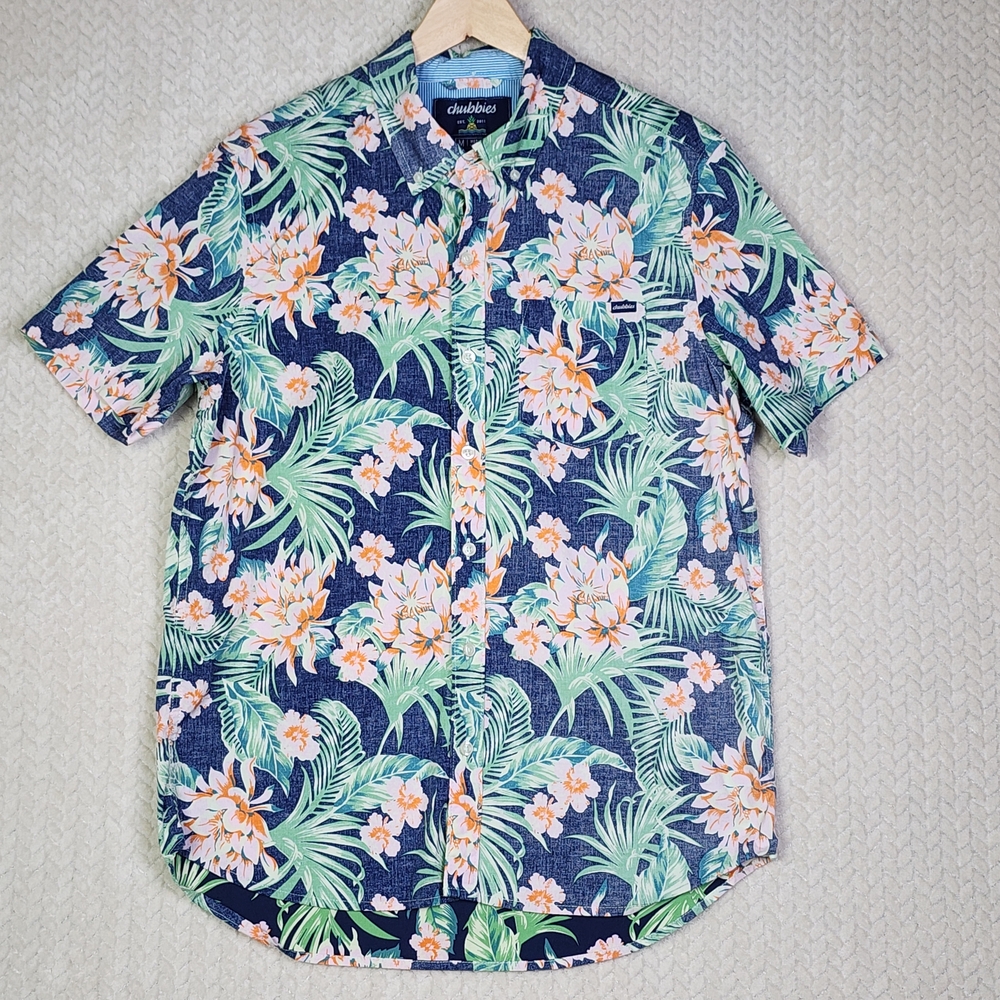 Chubbies Regular Fit Floral Print Button Down Short Sleeve Hawaiian Shirt Mens M